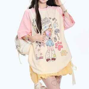 Yami Kawaii Push Beeb Graphic Tee Pastel Harajuku Loose T-Shirt Girls Patchwork